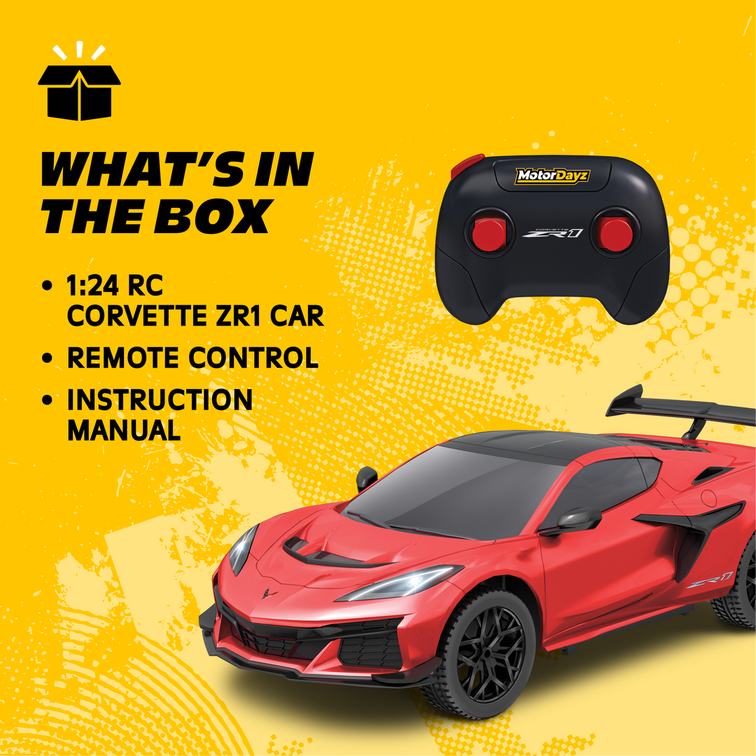 Red RC Corvette ZR1 car with remote control and instruction manual on a yellow background