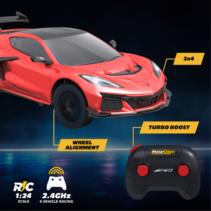 Red toy car with remote control on a dark background