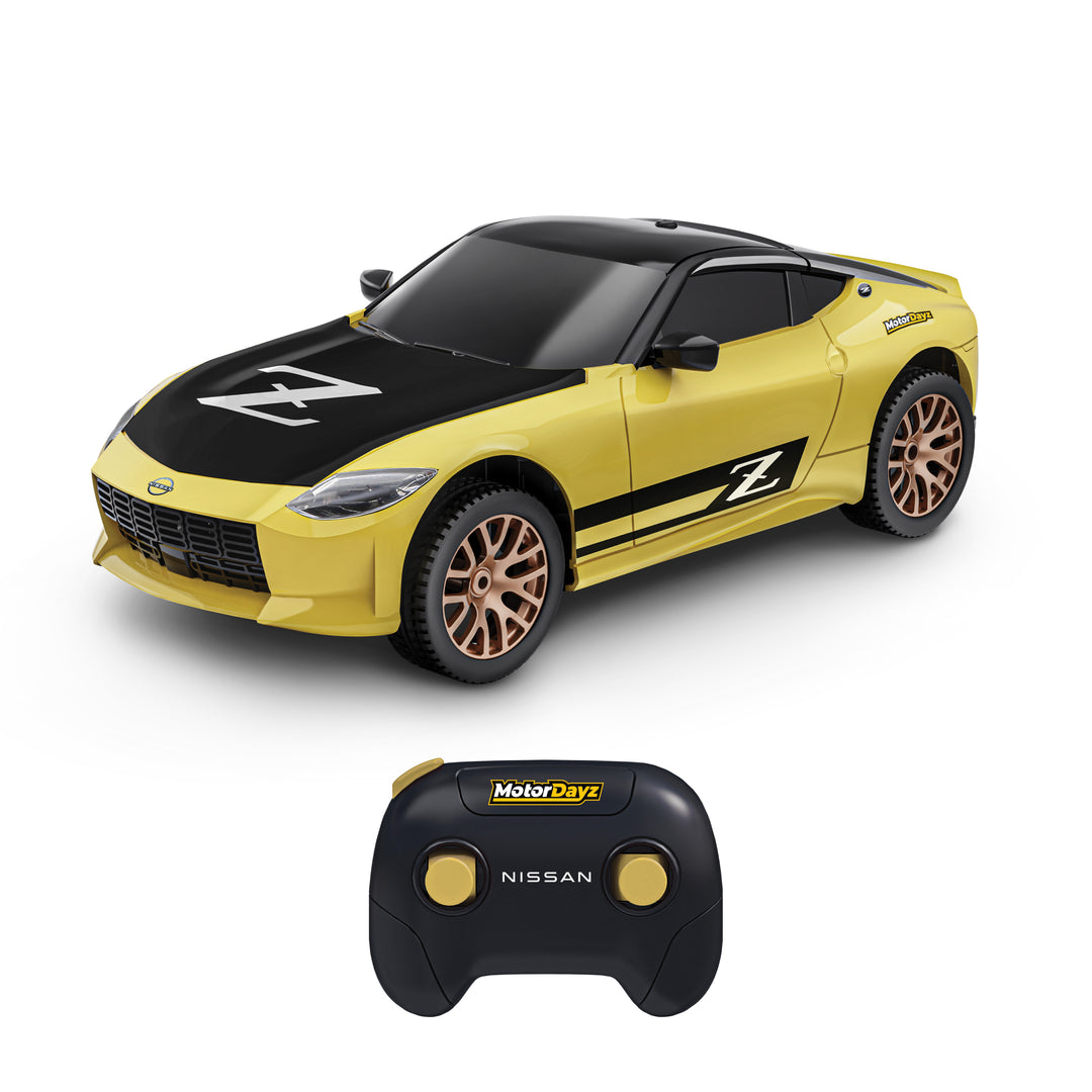 Yellow and black toy car with remote control on a white background