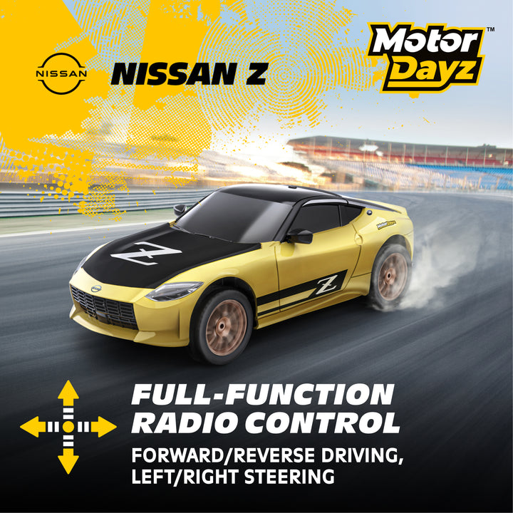 Yellow Nissan car on a racetrack with 'Motor Dayz' branding and product features.