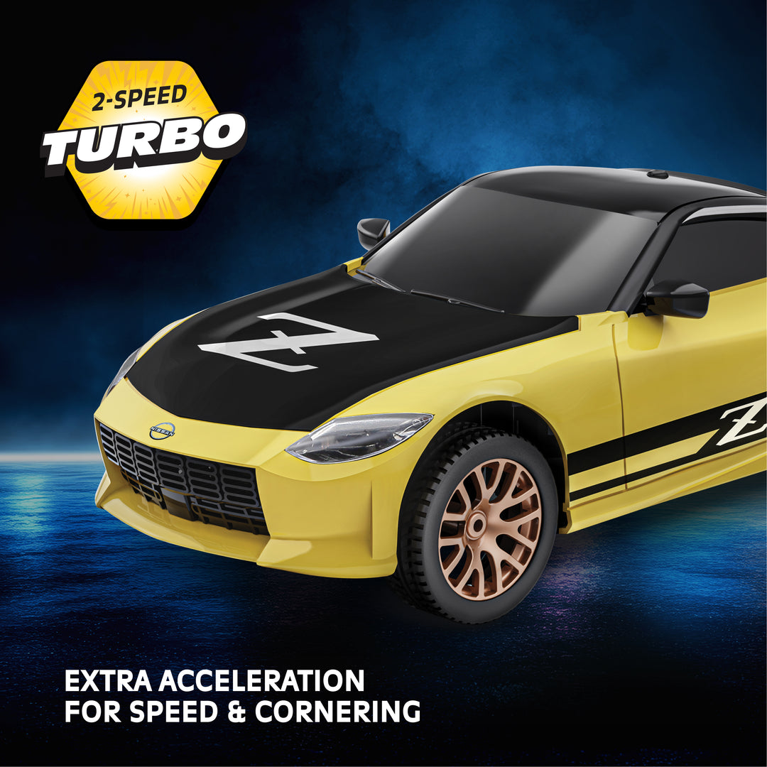 Yellow sports car with black hood and 'Z' logo on a dark blue background, featuring '2-Speed Turbo' text.