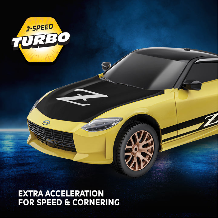 Yellow sports car with black hood and 'Z' logo on a dark blue background, featuring '2-Speed Turbo' text.