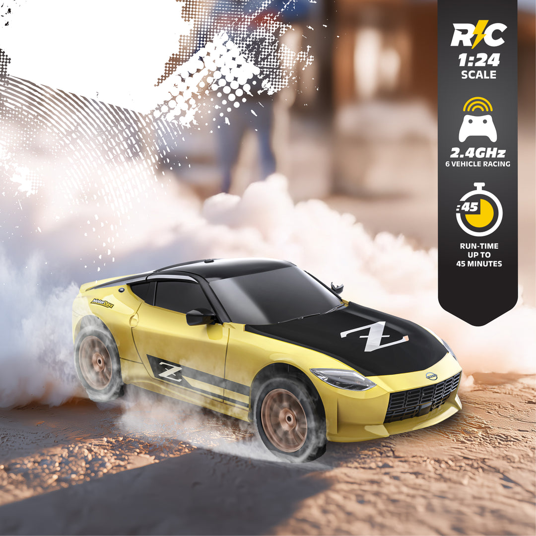Yellow and black RC car with smoke effect on a blurred background, featuring R/C branding.