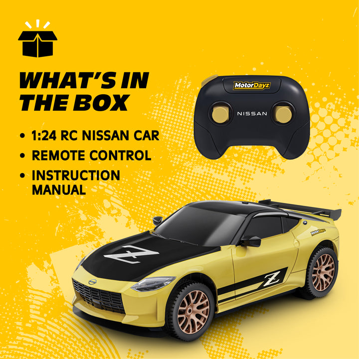 Yellow and black RC Nissan car with remote control on a yellow background