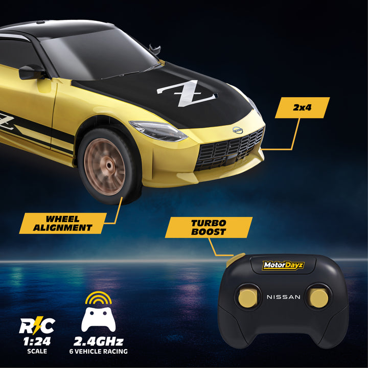 Yellow and black toy car with remote control on a dark background
