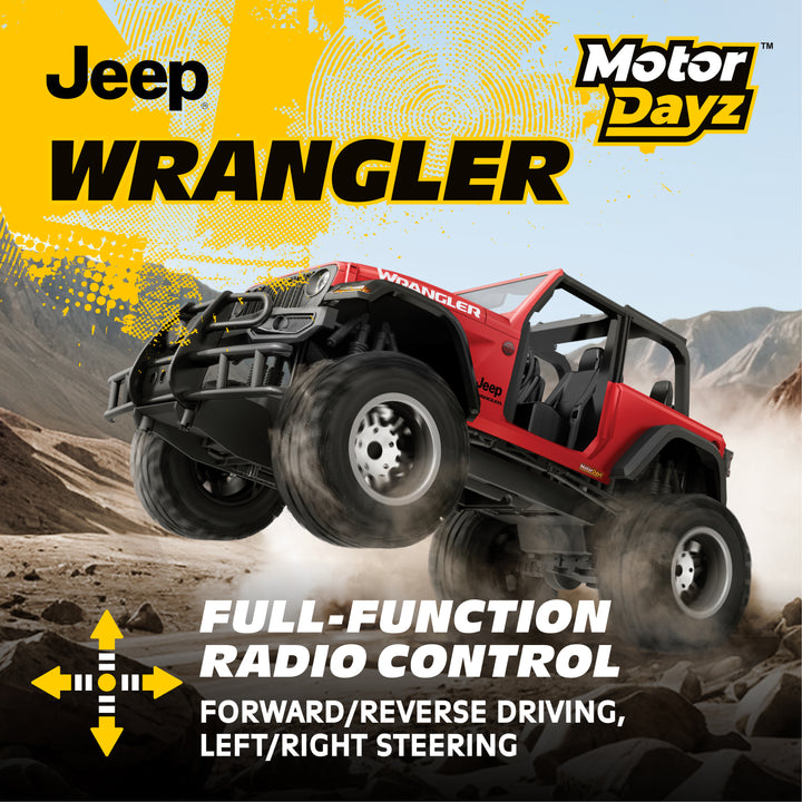 Red | Jeep Wrangler toy on a mountainous landscape with 'Jeep' and 'Motor Dayz' branding.
