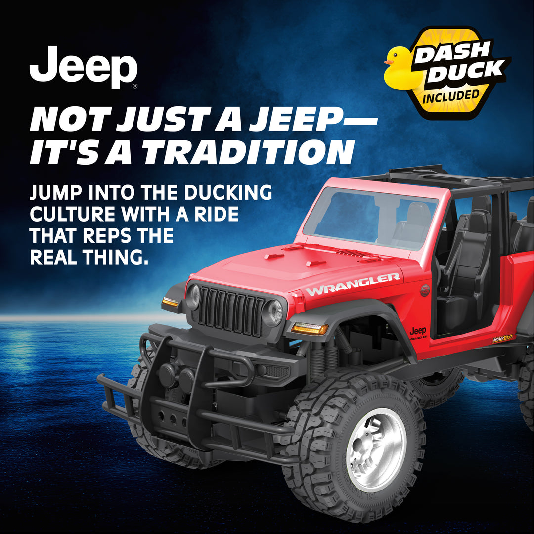 Red | Jeep Wrangler with promotional text and Duck Duck logo on a blue background