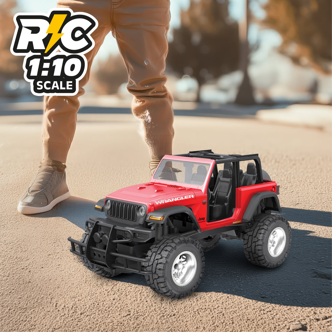 Red | toy Jeep Wrangler on a road with 'RC 1:10 Scale' label