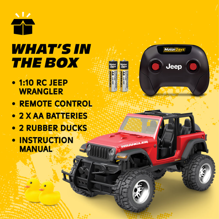 Red | RC Jeep Wrangler with remote control, batteries, and rubber ducks on a yellow background
