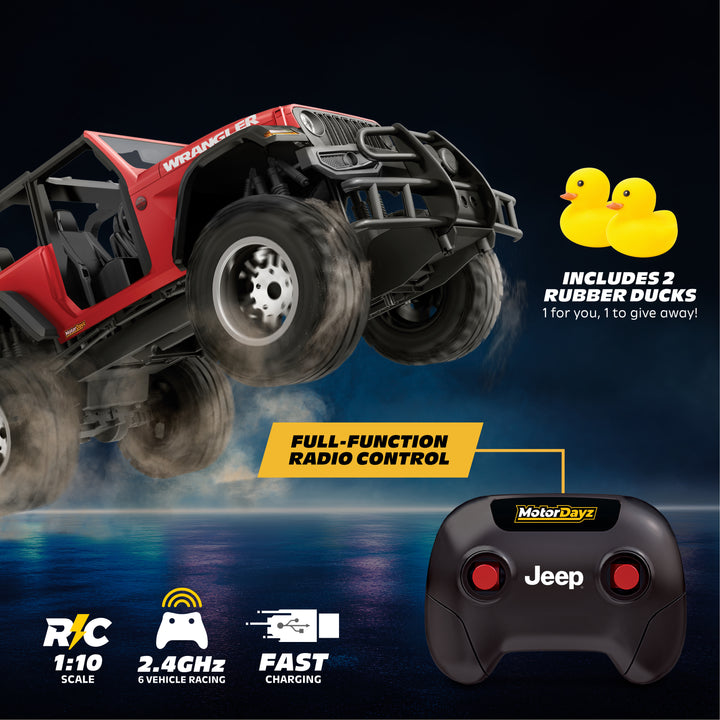 Red |Toy jeep with remote control and rubber ducks on a dark background