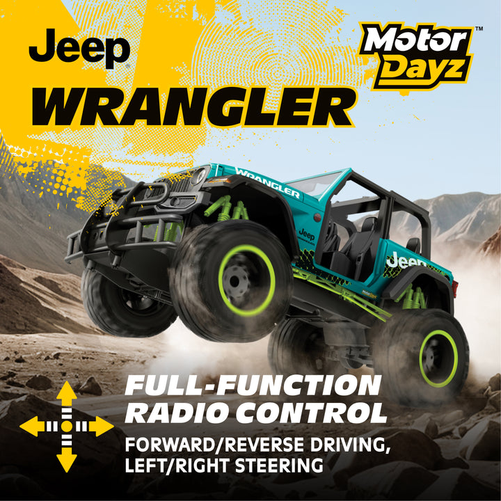 Teal | Toy Jeep Wrangler with promotional text for Motor Dayz on a desert background