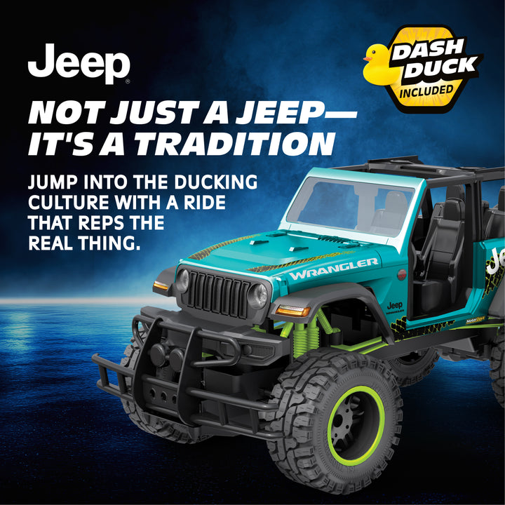 Teal | Jeep Wrangler with promotional text and Duck Duck logo on a dark blue background