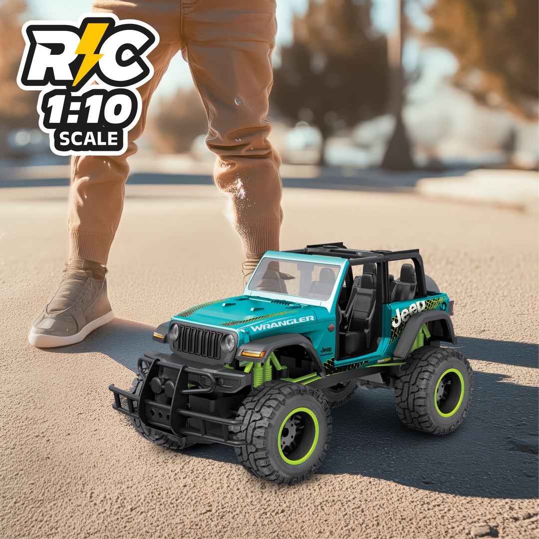 Teal | Jeep Wrangler toy on a road with 'RC 1:10 Scale' label