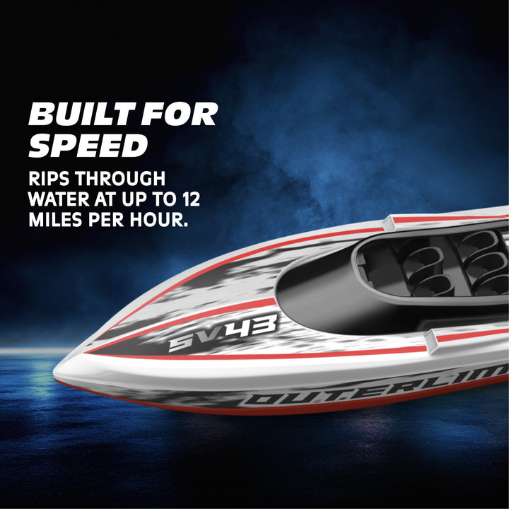 Speedboat with text about speed and performance on a dark water background