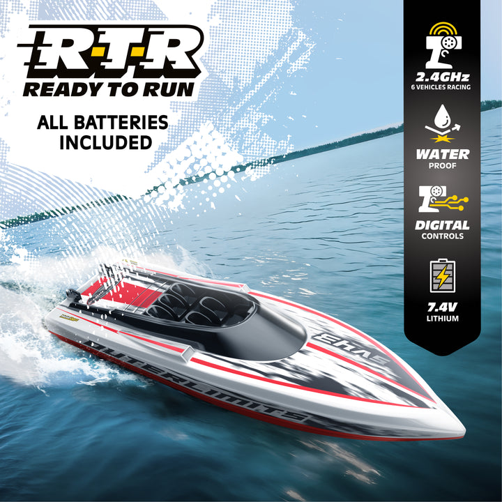 Model racing boat with features listed on a blue water background