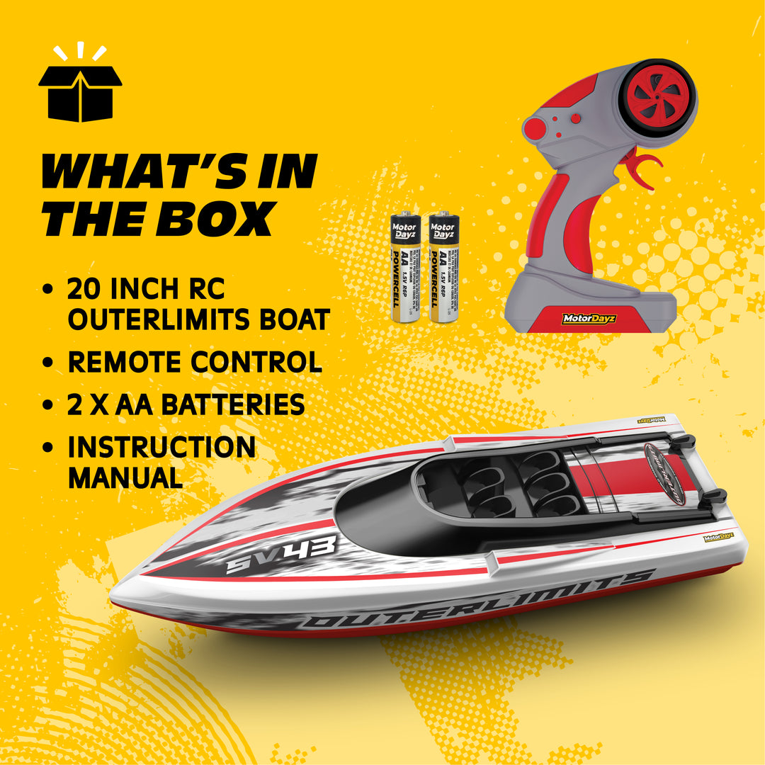 Promotional image of an RC boat set with remote control, batteries, and instruction manual on a yellow background.