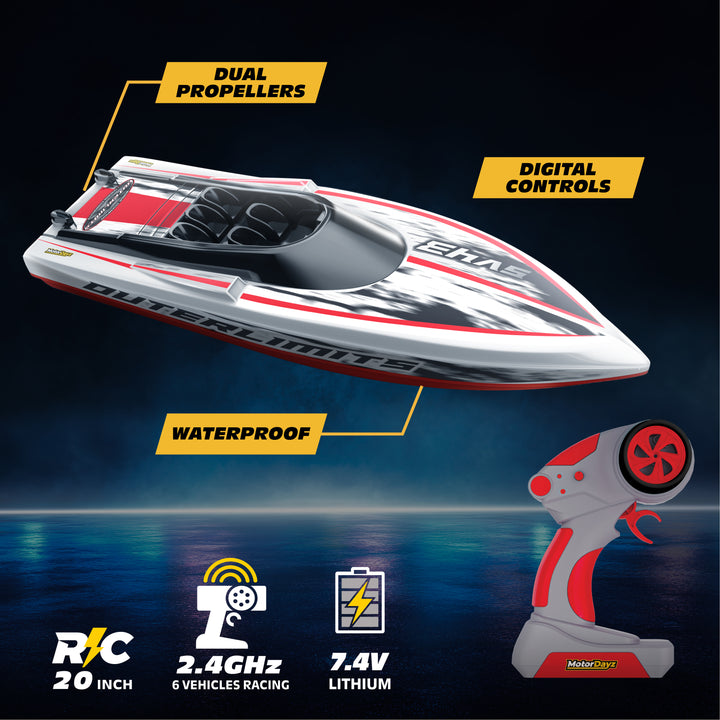 Model of a remote-controlled boat with dual propellers and digital controls, displayed against a dark background.