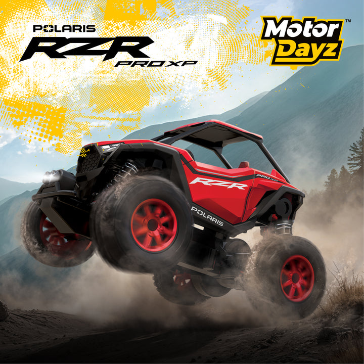 Red Polaris RZR Pro XP vehicle in action with 'Motor Dayz' branding.