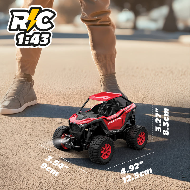 Red RC model car on a road with measurements and 'RC 1:43' logo.