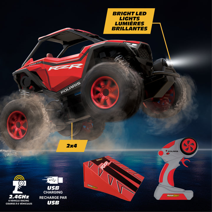 Polaris RZR toy vehicle with remote control on a dark background